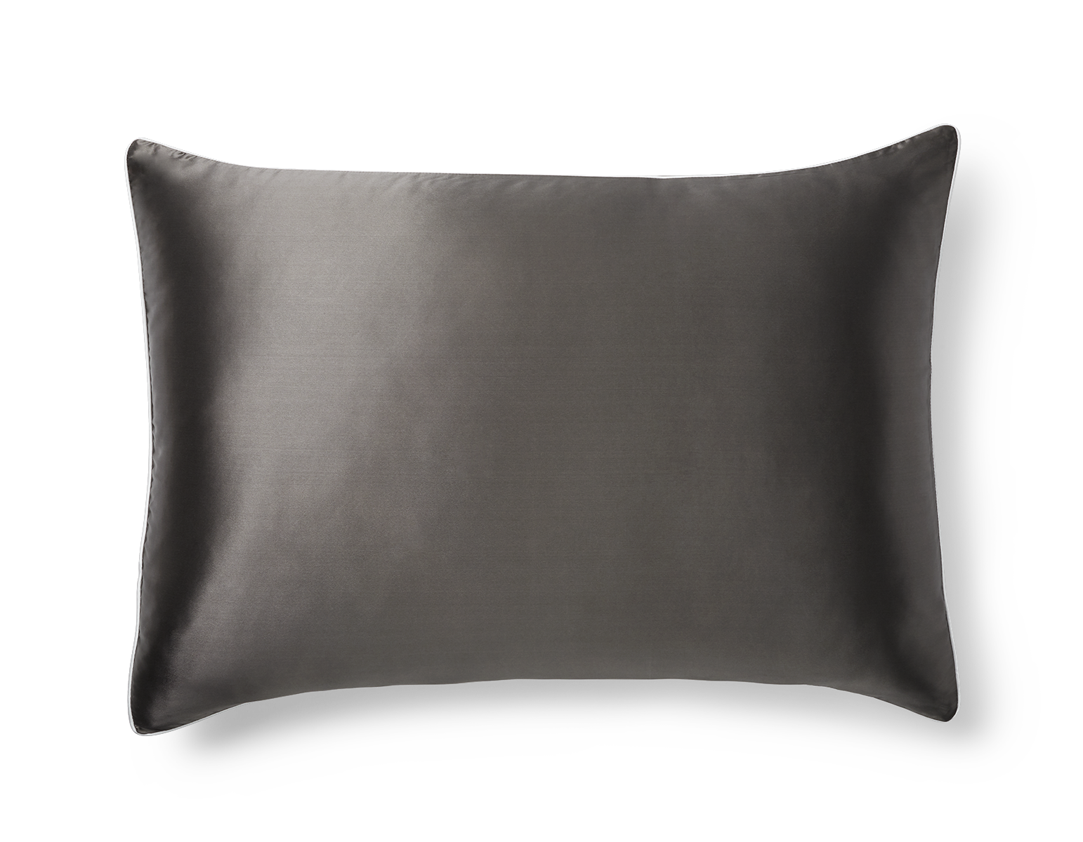 A KAILU silk pillowcase in charcoal with white piping, made with the highest-quality, OEKO-TEX-certified mulberry silk in 22 momme silk weight
